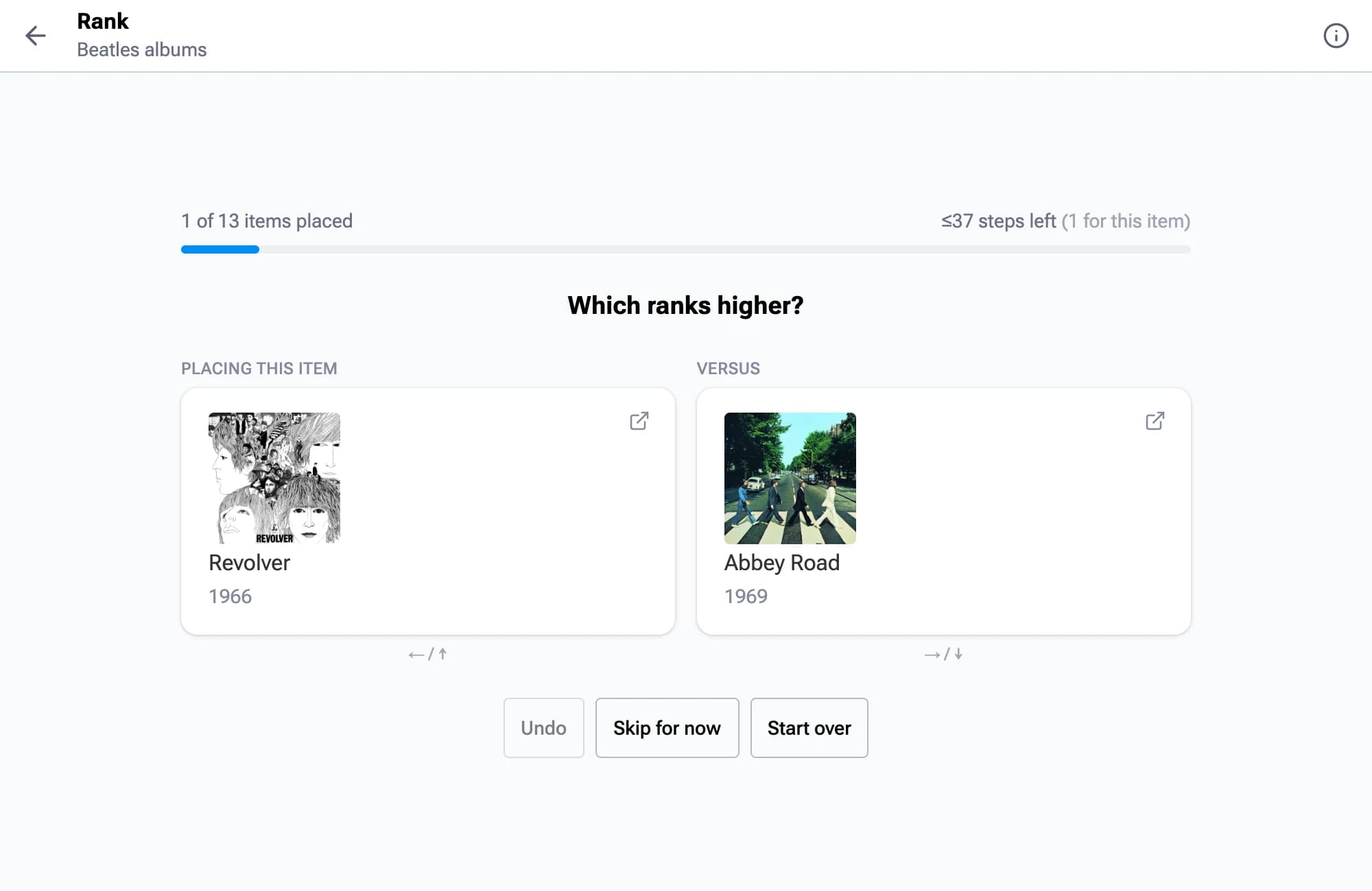 Rank comparing Abbey Road and Revolver to sort a list of Beatles albums.