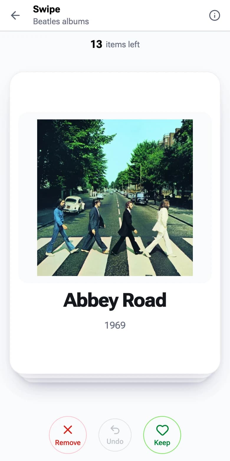 Swipe showing an album to keep or pass.